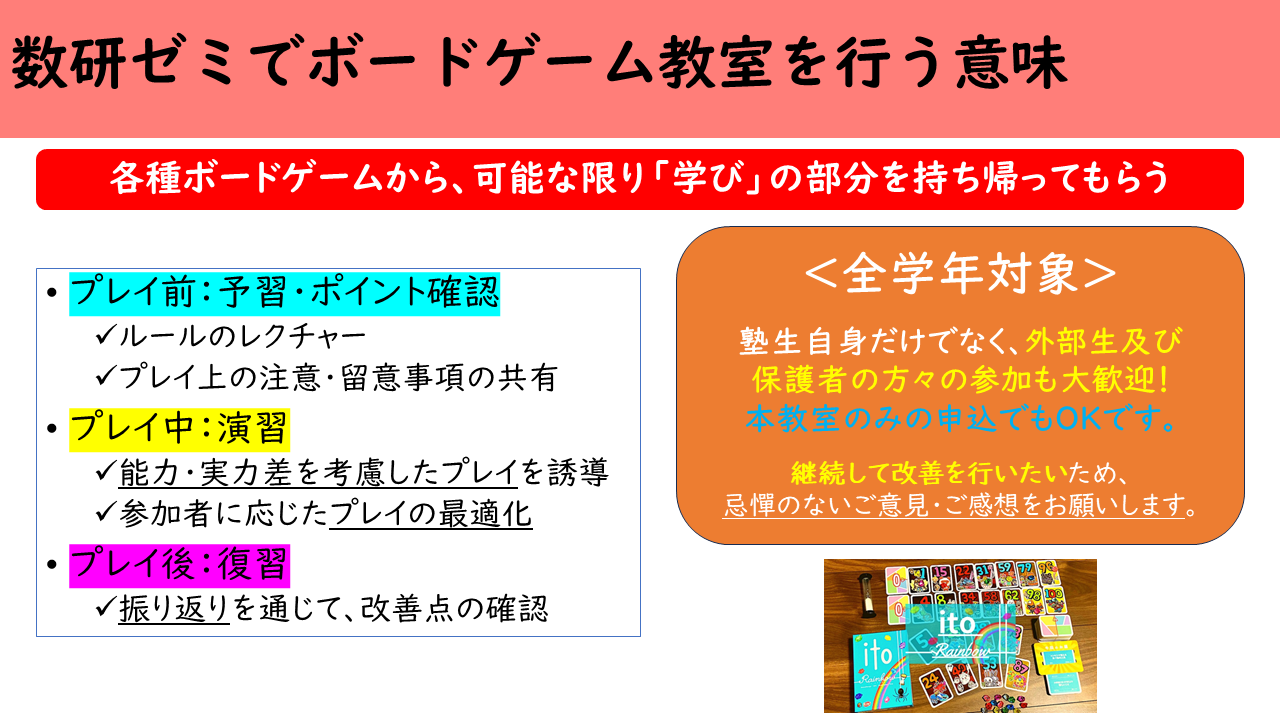 山形県　寒河江市　学習塾　数研ゼミ　ボードゲーム教室　